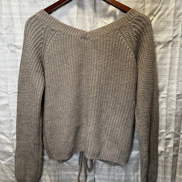 Love Tree Bohemian Knit Sweater Taupe V Neck Cinched Drawstring Cropped Sleeve S - Picture 6 of 9
